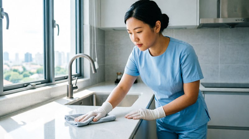 Asian cleaner deep cleaning a modern kitchen