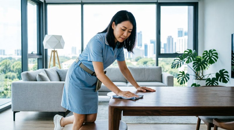 Asian cleaner wiping a table in a bright living room