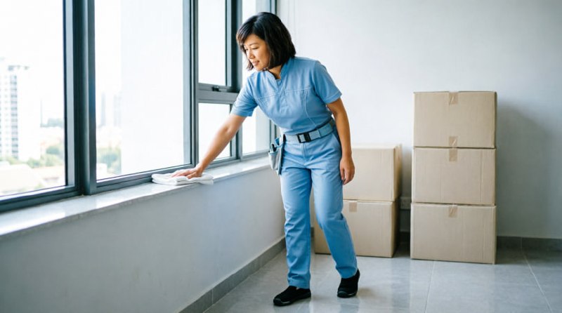 Asian cleaner doing move in or move out cleaning in an apartment