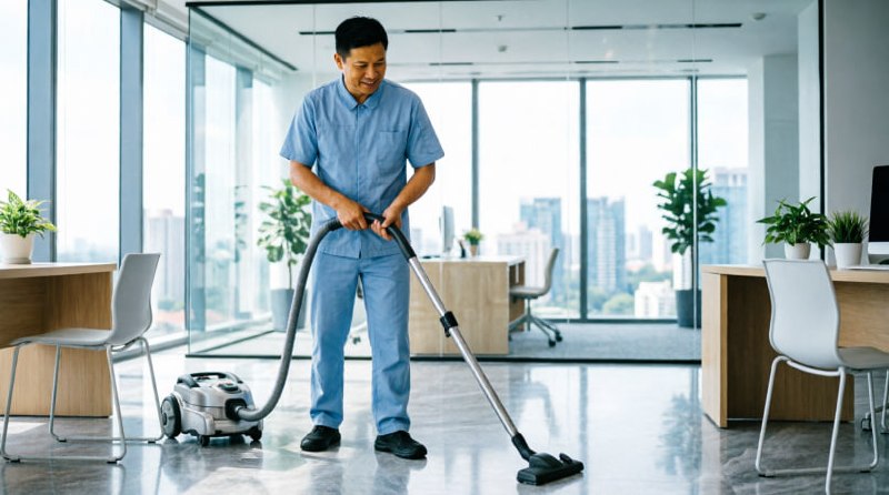 Asian cleaner vacuuming a modern office